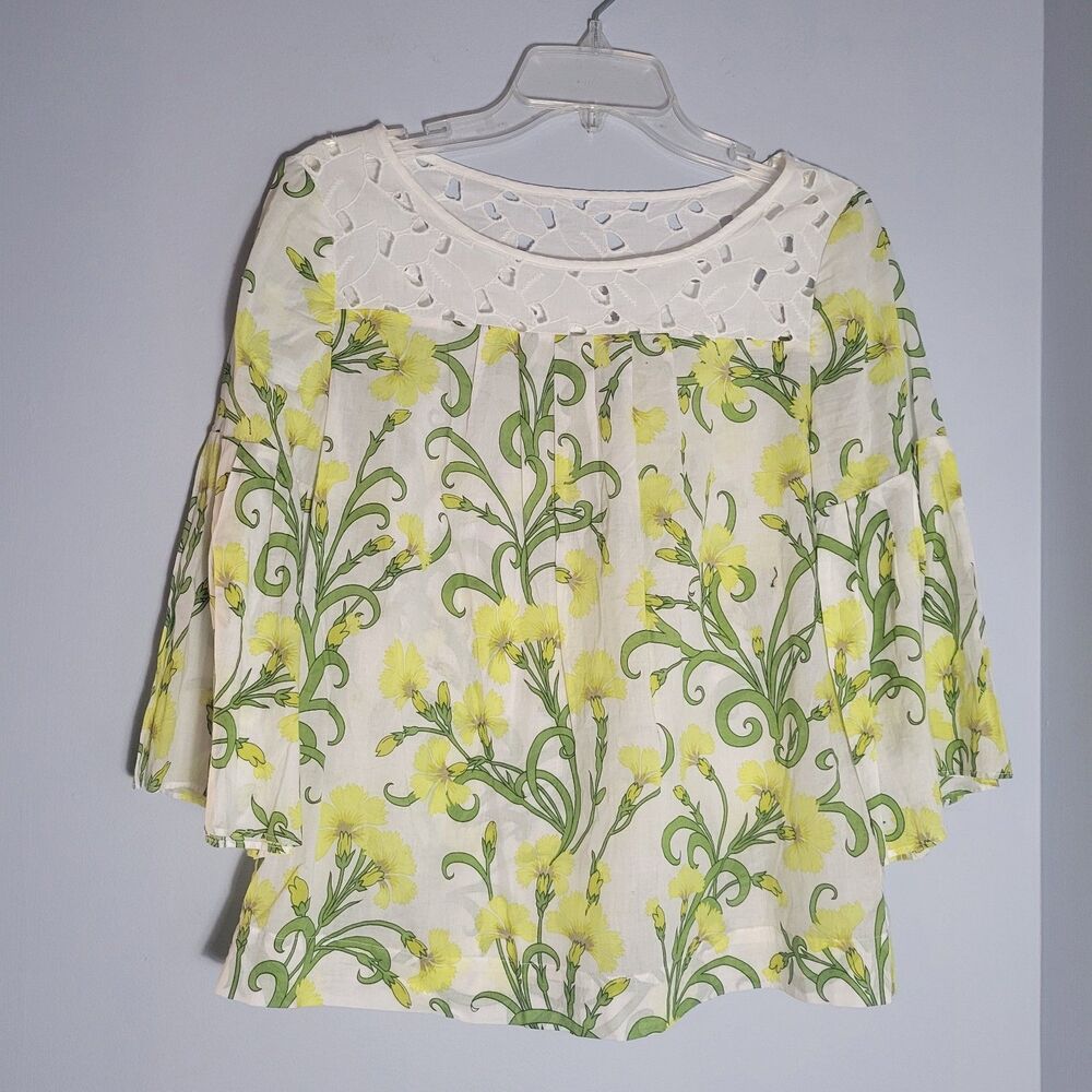 Anthropologie HD in Paris Top Womens Daffodils Bell Sleeve Eyelet Boxy Size 4
